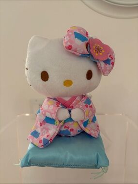 Sanrio Hello Kitty Plush in Pink Floral Kimono with Blue Cushion